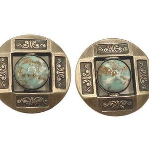 Vintage Hubbell Glass Robins Egg Blue faux Turquoise Cab scroll design set into